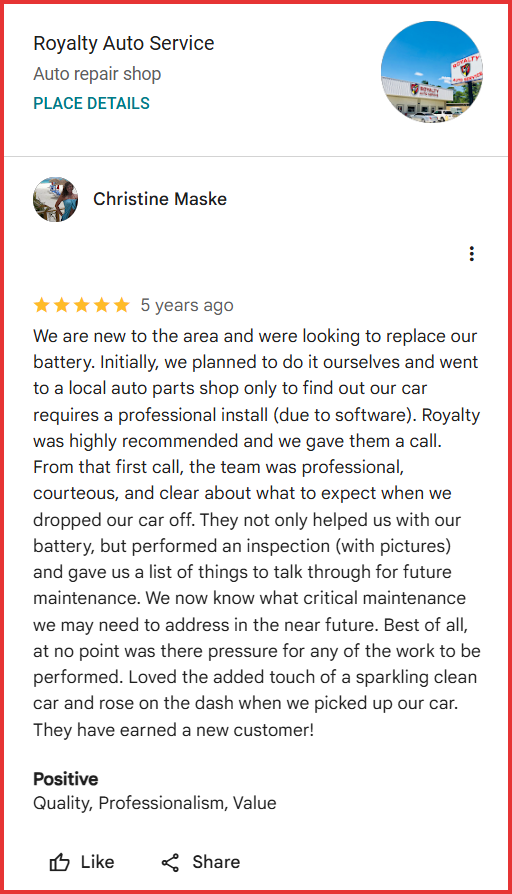 Review of Royalty Auto Service by Christine Maske | Royalty Auto Service